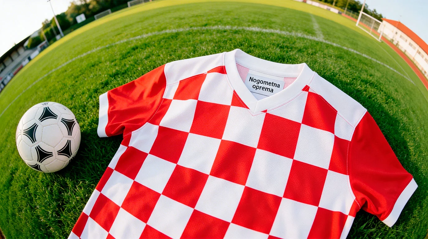 Hrvaški nogometni dres s prepoznavnim šahovskim vzorcem na travi nogometnega igrišča