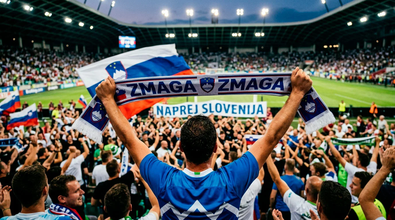 Navijači na tribunah med kvalifikacijsko tekmo za Svetovno prvenstvo z zastavami in dresi