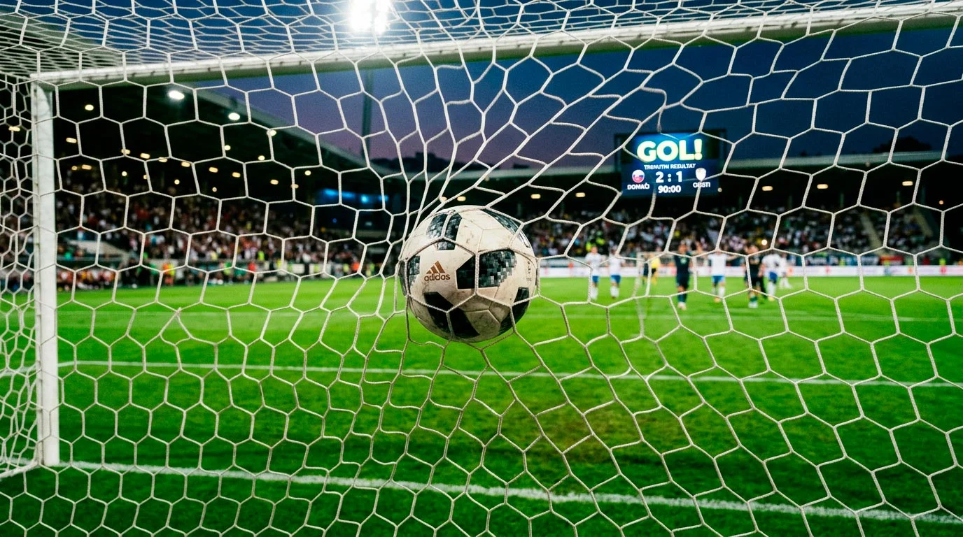 Nogometna žoga v mreži gola na zelenem igrišču med tekmo pod reflektorji stadiona